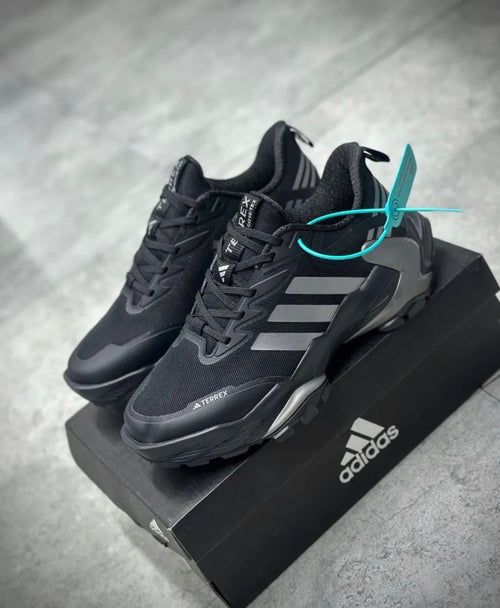 Adidas Terrex noires arborent trois bandes argentées distinctives sur les côtés.Marque/Modèle : Adidas Terrex